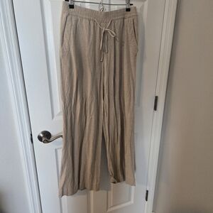 Beige Linen Blend Drawstring Wide-Leg Pants